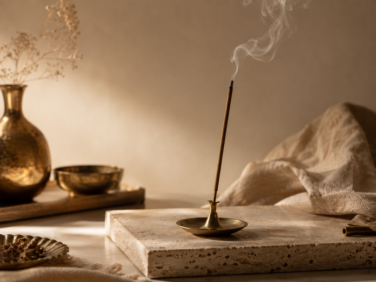 Incense burning in a calm warm-toned setting